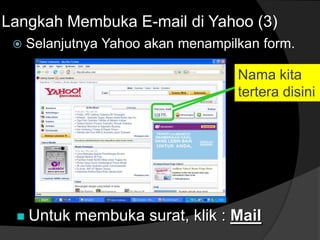  Selanjutnya Yahoo akan menampilkan form.
Langkah Membuka E-mail di Yahoo (3)
 Untuk membuka surat, klik : Mail
Nama kita
tertera disini
 