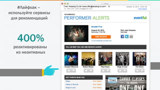 #Лайфхак –
используйте сервисы
для рекомендаций
400%
реактивированы
из неактивных
 