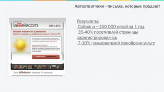 Автоответчики - письма, которые продают
Результаты:
Собрано ~150 000 email за 1 год
35-40% посетителей страницы
зарегистрировались
7-10% пользователей приобрели услугу
 