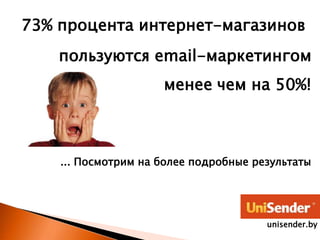 73% процента интернет-магазинов
пользуются email-маркетингом
менее чем на 50%!
... Посмотрим на более подробные результаты
unisender.by
 