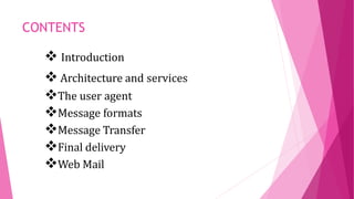 CONTENTS
 Introduction
 Architecture and services
The user agent
Message formats
Message Transfer
Final delivery
Web Mail
 