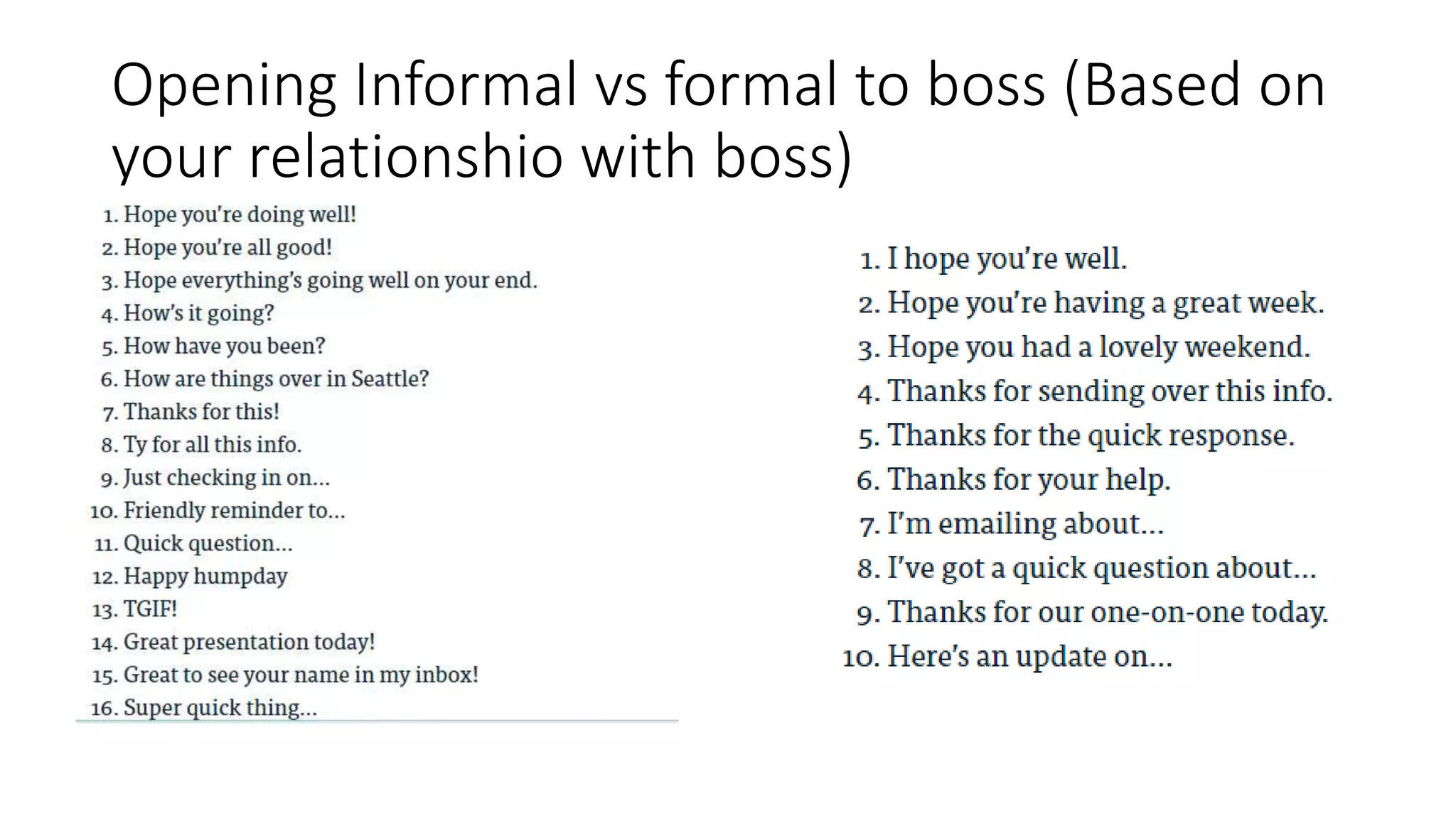 Opening Informal vs formal to boss (Based on
your relationshio with boss)
 