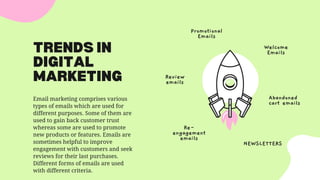 TRENDS IN
DIGITAL
MARKETING
Email marketing comprises various
types of emails which are used for
different purposes. Some of them are
used to gain back customer trust
whereas some are used to promote
new products or features. Emails are
sometimes helpful to improve
engagement with customers and seek
reviews for their last purchases.
Different forms of emails are used
with different criteria.
Welcome
Emails
Promotional
Emails
Review
emails
Re-
engagement
emails
NEWSLETTERS
Abandoned
cart emails
 