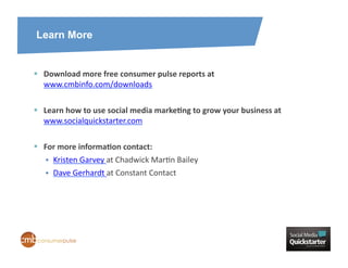 Learn More


  Download	
  more	
  free	
  consumer	
  pulse	
  reports	
  at	
  
   www.cmbinfo.com/downloads	
  

  Learn	
  how	
  to	
  use	
  social	
  media	
  markeZng	
  to	
  grow	
  your	
  business	
  at	
  
   www.socialquickstarter.com	
  

  For	
  more	
  informaZon	
  contact:	
  	
  
        Kristen	
  Garvey	
  at	
  Chadwick	
  MarHn	
  Bailey	
  	
  
        Dave	
  Gerhardt	
  at	
  Constant	
  Contact	
  
 