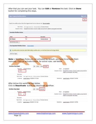 After that you can see your task. You can Edit or Remove this task. Click on Done
button for completing this steps.
Note :- Workflows Rules are not activated by default, you have to activate them
manually. Click on activate button for active rules. see below.
After Active this workflow see below.
Click to Deactivate button for deactivate workflow.
www.bispsolutions.com www.bisptrainigs.com www.hyperionguru.com
Page 12
 