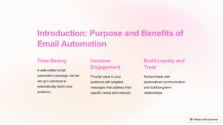 Introduction: Purpose and Benefits of
Email Automation
Time-Saving
A well-crafted email
automation campaign can be
set up in advance to
automatically reach your
audience.
Increase
Engagement
Provide value to your
audience with targeted
messages that address their
specific needs and interests.
Build Loyalty and
Trust
Nurture leads with
personalized communication
and build long-term
relationships.
 