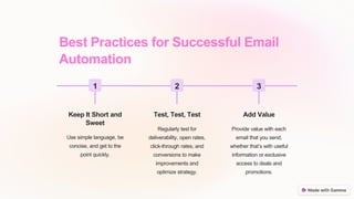 Best Practices for Successful Email
Automation
1
Keep It Short and
Sweet
Use simple language, be
concise, and get to the
point quickly.
2
Test, Test, Test
Regularly test for
deliverability, open rates,
click-through rates, and
conversions to make
improvements and
optimize strategy.
3
Add Value
Provide value with each
email that you send,
whether that’s with useful
information or exclusive
access to deals and
promotions.
 