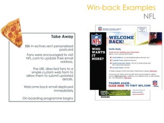 Win-back Examples
                                                  NFL

                   Take Away

– 88k in-actives sent personalised
                         postcard
 – Fans were encouraged to visit
   NFL.com to update their email
                       address.

    • The URL directed fans to a
       simple custom web form to
   allow them to submit updated
                         details.

 Welcome back email deployed
                immediately

 On-boarding programme begins
 