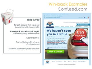 Win-back Examples
                                            Confused.com

                      Take Away

      Targets people that have not
       interacted with the website.

 Cherry pick your win-back target:
    Based on policy renewal date

                     Cash Incentive

        Call out to benefits of using
                     Confused.com

Excellent accessibility/best practice
 