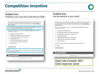 Competition incentive

Subject line:                                    Subject line:
Firstname, your next click could land you $200   Are we welcome in your inbox?




                                                   Open rate increase: 28%
                                                   Click response: same

                                                                            www.emailvision.com
 