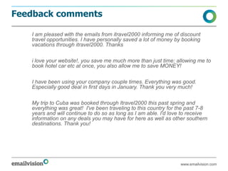 Feedback comments

  ● I am pleased with the emails from itravel2000 informing me of discount
    travel opportunities. I have personally saved a lot of money by booking
    vacations through itravel2000. Thanks

  ● i love your website!, you save me much more than just time; allowing me to
    book hotel car etc at once, you also allow me to save MONEY!

  ● I have been using your company couple times. Everything was good.
    Especially good deal in first days in January. Thank you very much!

  ● My trip to Cuba was booked through Itravel2000 this past spring and
    everything was great! I've been traveling to this country for the past 7-8
    years and will continue to do so as long as I am able. I'd love to receive
    information on any deals you may have for here as well as other southern
    destinations. Thank you!




                                                                  www.emailvision.com
 