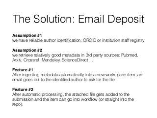 The Solution: Email Deposit
Assumption #1  
we have reliable author identiﬁcation: ORCID or institution staff registry
Ass...
