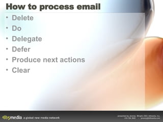 How to process email <ul><li>Delete </li></ul><ul><li>Do </li></ul><ul><li>Delegate </li></ul><ul><li>Defer </li></ul><ul>...