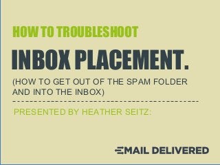 HOW TO TROUBLESHOOT
INBOX PLACEMENT.
(HOW TO GET OUT OF THE SPAM FOLDER
AND INTO THE INBOX)
PRESENTED BY HEATHER SEITZ:
 