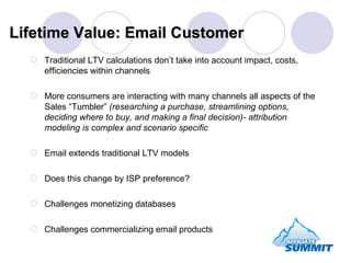 Traditional LTV calculations don’t take into account impact, costs, efficiencies within channels More consumers are interacting with many channels all aspects of the Sales “Tumbler”  (researching a purchase, streamlining options, deciding where to buy, and making a final decision)- attribution modeling is complex and scenario specific Email extends traditional LTV models Does this change by ISP preference? Challenges monetizing databases Challenges commercializing email products Lifetime Value: Email Customer 