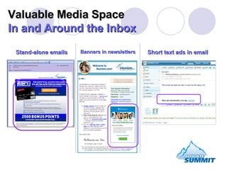 Valuable Media Space  In and Around the Inbox Stand-alone emails Banners in newsletters Short text ads in email 