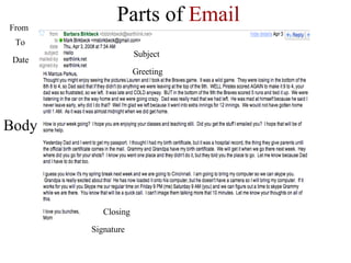 Parts of  Email Body Signature Closing Greeting From To Date Subject 