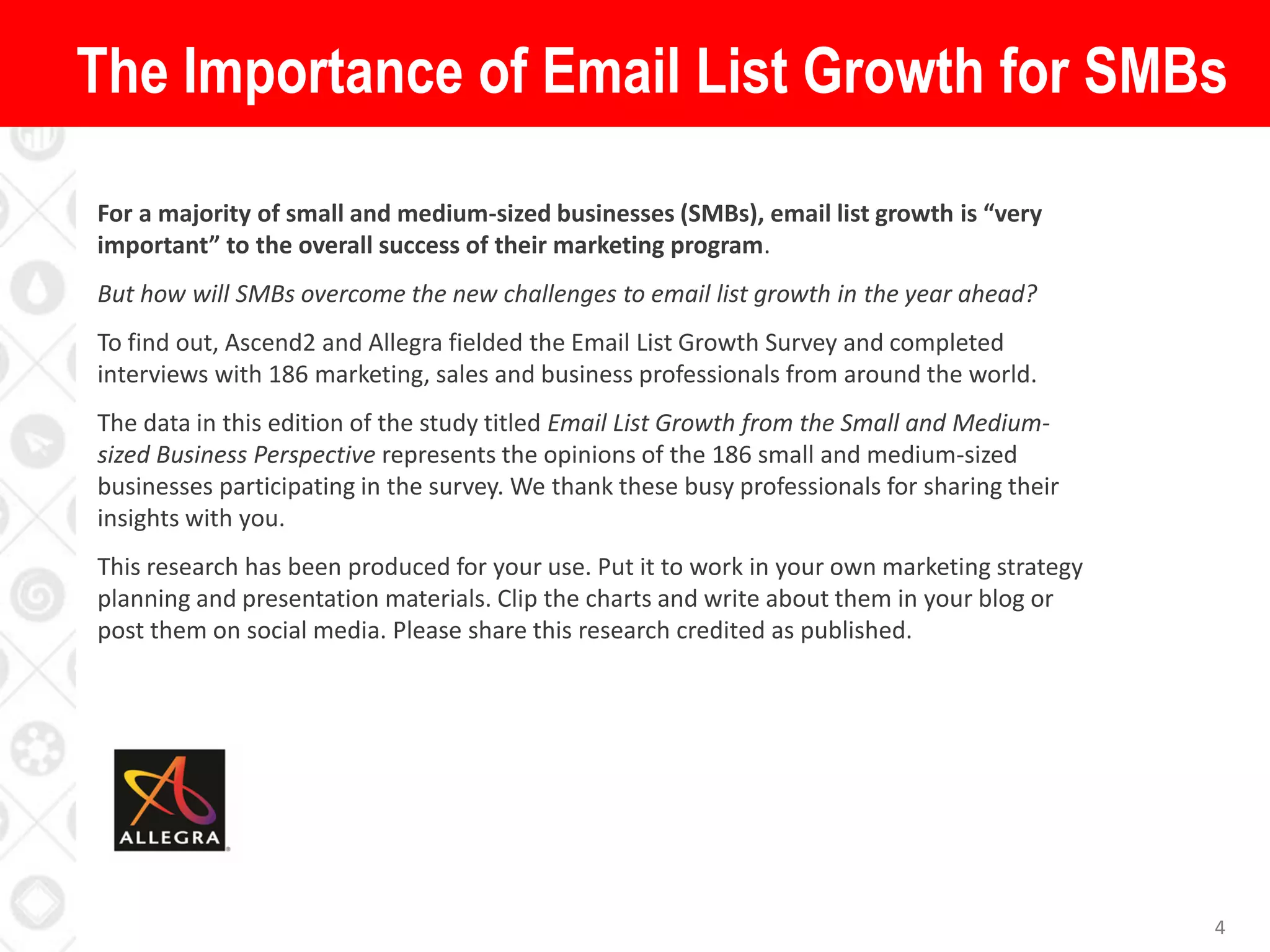 The Importance of Email List Growth for SMBs
4
For a majority of small and medium-sized businesses (SMBs), email list growth is “very
important” to the overall success of their marketing program.
But how will SMBs overcome the new challenges to email list growth in the year ahead?
To find out, Ascend2 and Allegra fielded the Email List Growth Survey and completed
interviews with 186 marketing, sales and business professionals from around the world.
The data in this edition of the study titled Email List Growth from the Small and Medium-
sized Business Perspective represents the opinions of the 186 small and medium-sized
businesses participating in the survey. We thank these busy professionals for sharing their
insights with you.
This research has been produced for your use. Put it to work in your own marketing strategy
planning and presentation materials. Clip the charts and write about them in your blog or
post them on social media. Please share this research credited as published.
 