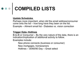COMPILED LISTS Update Schedules  Perhaps more important, when did the email address/consumer come onto the list – how long have they been on the list. Example – Ailment email list - Diabetes vs. vision correction  Trigger Data- Hotlines B-to-B or Consumer – By the very nature of the data, there is an indication/implication of additional activity to follow.  Examples include: New phone connects (business or consumer)  New mortgages, homeowners  Hotlines – 30/60/90 Day – Great select   