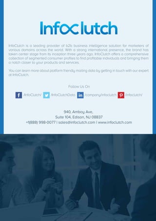/InfoClutch/ /InfoClutchData /company/infoclutch /infoclutch/
InfoClutch is a leading provider of b2b business intelligence solution for marketers of
various domains across the world. With a strong international presence, the brand has
taken center stage from its inception three years ago. InfoClutch offers a comprehensive
collection of segmented consumer proﬁles to ﬁnd proﬁtable individuals and bringing them
a notch closer to your products and services.
You can learn more about platform friendly mailing data by getting in touch with our expert
at InfoClutch.
Follow Us On
940, Amboy Ave,
Suite 104, Edison, NJ 08837
+1(888) 998-0077 | sales@infoclutch.com | www.infoclutch.com
 