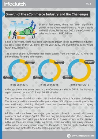 in the year 2017 in the year 2018 in the year 2019
Growth of the eCommerce Industry and the Challenges
Since a few years, there has been signiﬁcant
growth in the eCommerce industry. As per a study
in the US alone, by the year 2022, the eCommerce
sales would reach $892 billion.
Since a few years, there has been signiﬁcant growth in the eCommerce industry.
As per a study in the US alone, by the year 2022, the eCommerce sales would
reach $892 billion.
The growth of the eCommerce has been steady from the year 2017. Find the
below charts for more information:
Although there was some drop in the eCommerce sales in 2018, the industry
again bounced back in 2019 with 56.9% of sales.
The positive results did not mean that the industry did not face any challenges.
The industry had its share of challenges such as diﬃculty in connecting with the
new customer, retaining the old ones, and converting them into paying
customers, due to heavy competition.
All the marketers have one major goal in mind, how to connect with more
prospects and increase SALES. This can only be achieved when the customers
feel the connection with your brand and trust it over others in the market.
Although there are many marketing forms, email marketing has always been a
viable option for many industries across the world. It hits the right chord with the
customer and motivates them for making a further purchase.
www.infoclutch.com
PG-2
 