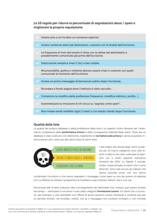 Le 10 regole per ridurre la percentuale di segnalazioni abusi / spam e
migliorare la propria reputazione
Inviare solo a chi ha dato un consenso esplicito.
Inviare contenuti attesi dal destinatario, coerenti con la finalità dell’iscrizione.
La frequenza di invio dev’essere in linea con le attese del destinatario e
possibilmente comunicata già prima dell’iscrizione.
Disiscrizione semplice (max 2 clic) e ben visibile.
Riconoscibilità: grafica e mittente devono essere chiari e coerenti con quelli
comunicati al momento dell’iscrizione.
Inviare un primo messaggio di benvenuto subito dopo l’iscrizione.
Ricordare a fondo pagina dove l’indirizzo è stato raccolto.
Consentire la modifica delle preferenze (frequenza, modifica indirizzo, profilo…).
Automatizzare la rimozione di chi clicca su “segnala come spam”.
Non inviare email rarefatte (ogni 2 mesi) o con ampio ritardo dopo l’iscrizione.

Qualità delle liste
La qualità del proprio database e della profilazione delle liste è un aspetto molto rilevante per l’andamento complessivo delle performance d’invio e della conseguente reattività degli utenti. Tanto più un
database è stato costruito con attenzione, rispettando le normative sulla privacy e senza acquistare indirizzi presso terzi, tanto più alto sarà il tasso di utenti attivi.

USARE INDIRIZZI PRESI DA INTERNET

NO

I dati relativi alle attività degli utenti (suddivisi per 13 macro categorie) sono stati distinti in attivi e non attivi sulla base di aper-

CREARE ELENCHI SENZA IL CONSENSO

ture, clic e inoltri registrati nell’ultimo
trimestre del 2012. La Tabella 3 include,

ACQUISTARE LISTE DI EMAIL

inoltre, la percentuale di utenti che si sono
disiscritti. Sono stati esclusi gli indirizzi che
hanno riportato errori, che non hanno

confermato l’iscrizione o che hanno segnalato il messaggio come spam su uno dei sistemi di webmail
con cui MailUp ha attivato il programma di Feedback Loop (Hotmail, Yahoo!, Aol e così via).
Percentuali alte di attivi indicano l’alto coinvolgimento dei destinatari che, tuttavia, può essere limitato
nel tempo – esemplare in tal senso il caso della categoria Formazione Lavoro. Gli utenti che si iscrivono, per esempio, a una newsletter con offerte di lavoro possono essere interessati a riceverla solo per
un periodo limitato. Va ricordato, inoltre, che se il messaggio non contiene immagini o non richiede

Questo documento è proprietà di NWeb srl, il suo contenuto può essere recensito, riprodotto o tradotto, ma
non a fini commerciali e sempre citandone la fonte www.mailup.it. MailUp è un marchio registrato NWeb srl.

Osservatorio statistiche | 10

 