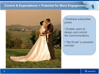 Control & Expectations = Potential for More Engagement Embrace subscriber  power Enable users to  design and control the communications “ My Email” is powerful  concept 
