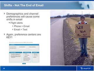 Shifts - Not The End of Email Demographics and channel preferences will cause some shifts in email Flight alerts Phone > Email Email > Text Again, preference centers are KEY! 