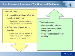 List Churn and Inactives – The Good and Bad News The bad news… A typical list will lose 1/3 of its members each year Bounces + spam complaints + unsubscribes = 2-4% / month 25% to 80% of your list is inactive Subscriber has not opened or clicked in specific time frame (e.g., 6, 12 months+) The good news… Churn can be reduced Some inactives can be reengaged You control most of your destiny 