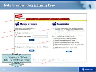 Make Unsubscribing  & Staying  Easy Missing: Frequency Option RSS or catalogue option Contact info. 
