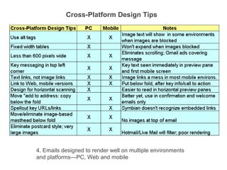 Cross-Platform Design Tips 4. Emails designed to render well on multiple environments and platforms—PC, Web and mobile 