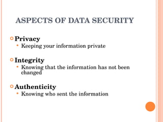 ASPECTS OF DATA SECURITY Privacy Keeping your information private Integrity Knowing that the information has not been changed Authenticity Knowing who sent the information 