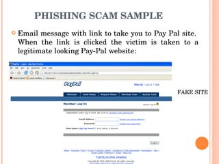 PHISHING SCAM SAMPLE Email message with link to take you to Pay Pal site.  When the link is clicked the victim is taken to a legitimate looking Pay-Pal website:  FAKE SITE 