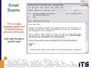 This is a Very
Common Tactic used
to Social Engineer
personal information.
Lets walk through a
specific case
Email
Scams
 