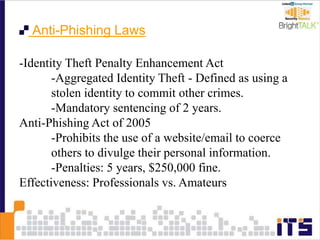 Anti-Phishing Laws
-Identity Theft Penalty Enhancement Act
-Aggregated Identity Theft - Defined as using a
stolen identity to commit other crimes.
-Mandatory sentencing of 2 years.
Anti-Phishing Act of 2005
-Prohibits the use of a website/email to coerce
others to divulge their personal information.
-Penalties: 5 years, $250,000 fine.
Effectiveness: Professionals vs. Amateurs
 