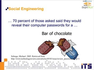 Social Engineering
… 70 percent of those asked said they would
reveal their computer passwords for a …
Schrage, Michael. 2005. Retrieved from
http://www.technologyreview.com/articles/05/03/issue/review_password.asp?p=1
Bar of chocolate
 