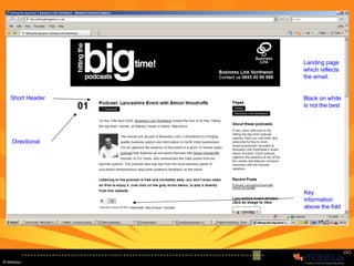 Landing page which reflects the email. Black on white is not the best Key information above the fold Short Header Directional 
