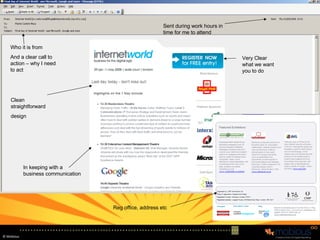 Very Clear what we want you to do Who it is from And a clear call to action – why I need to act Clean straightforward design In keeping with a business communication Sent during work hours in time for me to attend  Reg office, address etc 