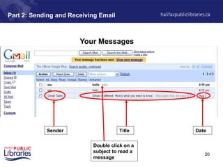 20
Part 2: Sending and Receiving Email
Your Messages
Title
Sender Date
Double click on a
subject to read a
message
 