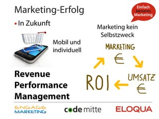 Marketing-Erfolg
• In Zukunft          Marketing kein
                       Selbstzweck
        Mobil und
        individuell




                             ➜
                  ➜
Revenue                    ➜
Performance
Management
 