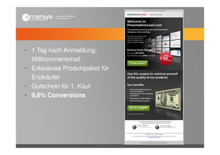 • 1 Tag nach Anmeldung:
  Willkommensmail
• Exklusives Produktpaket für
  Erstkäufer
• Gutschein für 1. Kauf
• 9,8% Conversions
 