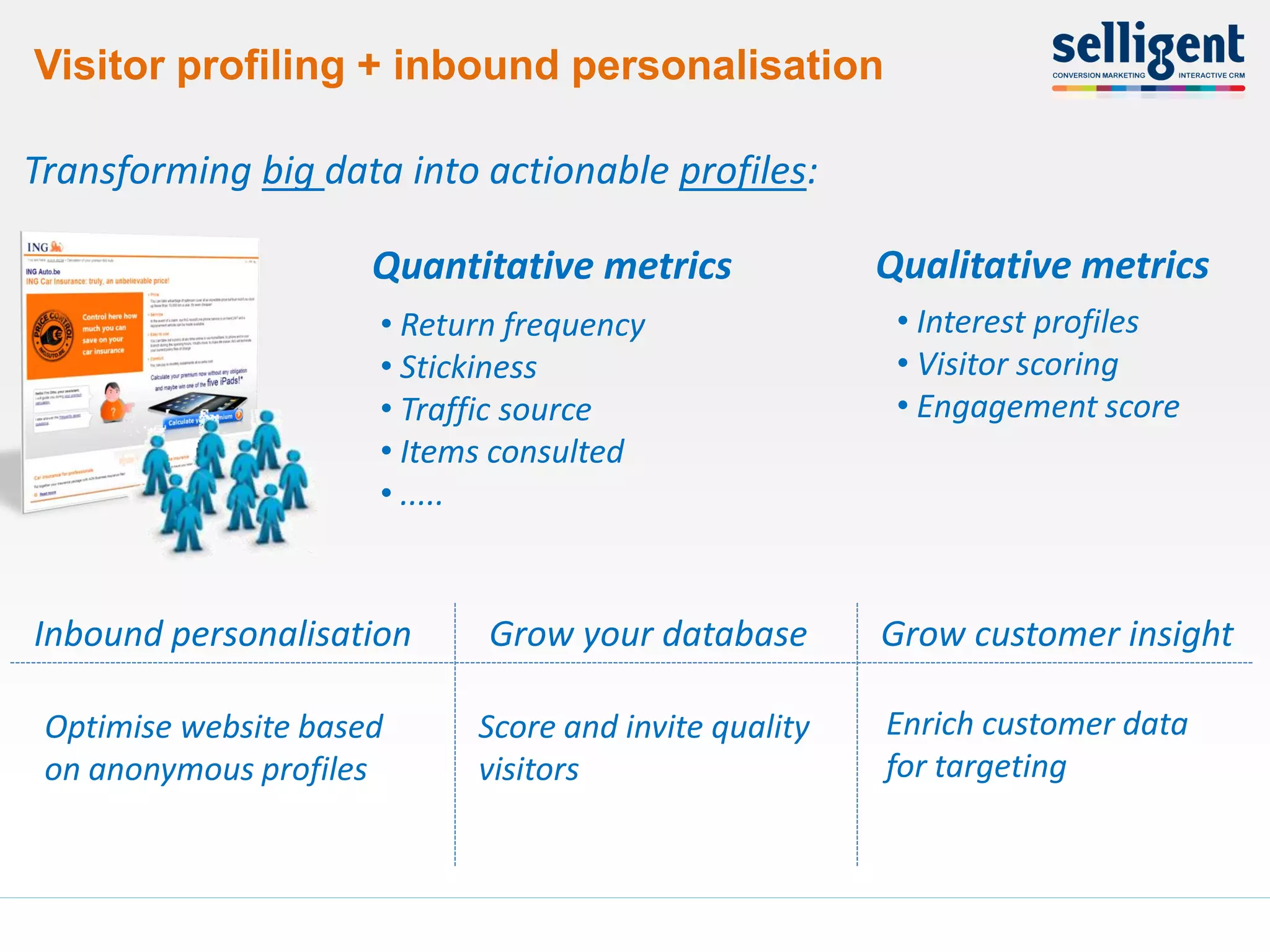 Visitor profiling + inbound personalisation

Transforming big data into actionable profiles:

                      Quantitative metrics             Qualitative metrics
                      • Return frequency                • Interest profiles
                      • Stickiness                      • Visitor scoring
                      • Traffic source                  • Engagement score
                      • Items consulted
                      • .....


Inbound personalisation      Grow your database        Grow customer insight

 Optimise website based     Score and invite quality   Enrich customer data
 on anonymous profiles      visitors                   for targeting



12
 