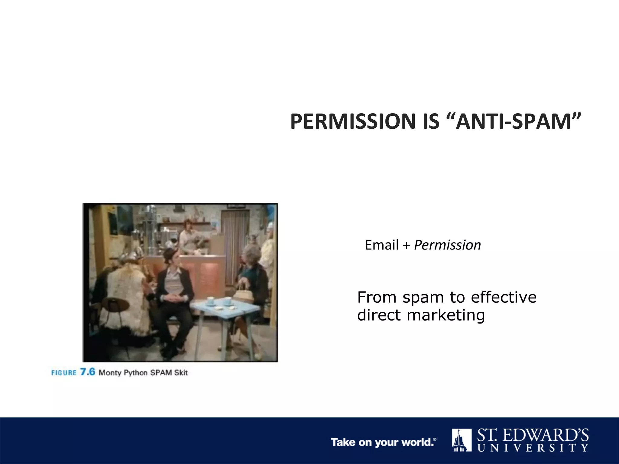 PERMISSION IS “ANTI-SPAM”
Email + Permission
From spam to effective
direct marketing
 
