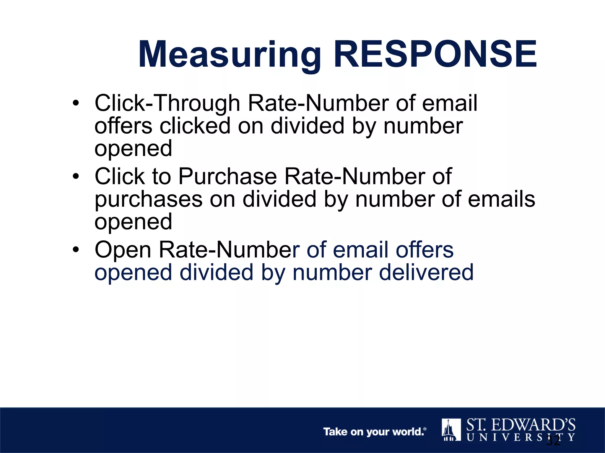 Measuring RESPONSE
• Click-Through Rate-Number of email
offers clicked on divided by number
opened
• Click to Purchase Rate-Number of
purchases on divided by number of emails
opened
• Open Rate-Number of email offers
opened divided by number delivered
32
 