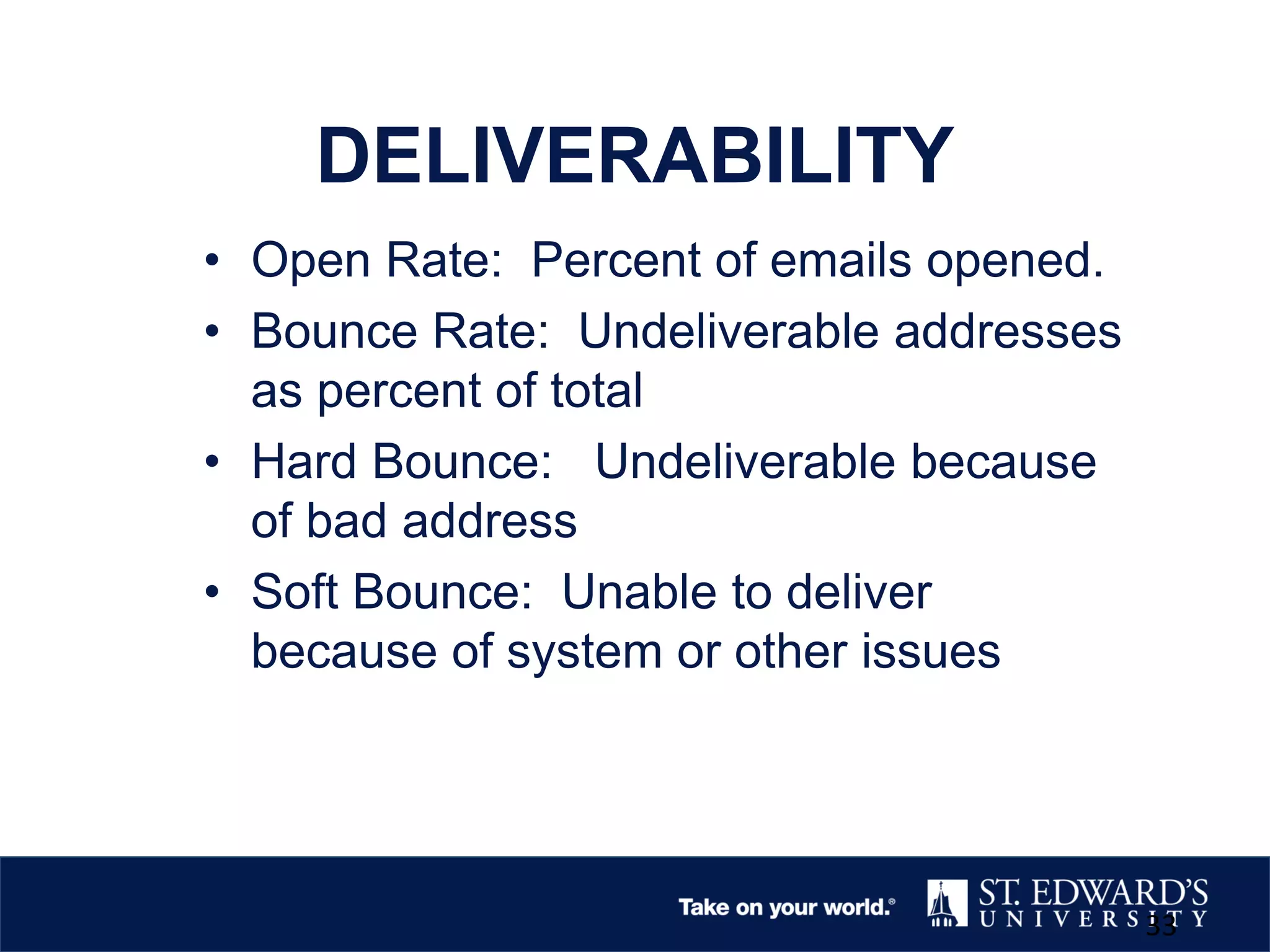 DELIVERABILITY
• Open Rate: Percent of emails opened.
• Bounce Rate: Undeliverable addresses
as percent of total
• Hard Bounce: Undeliverable because
of bad address
• Soft Bounce: Unable to deliver
because of system or other issues
33
 