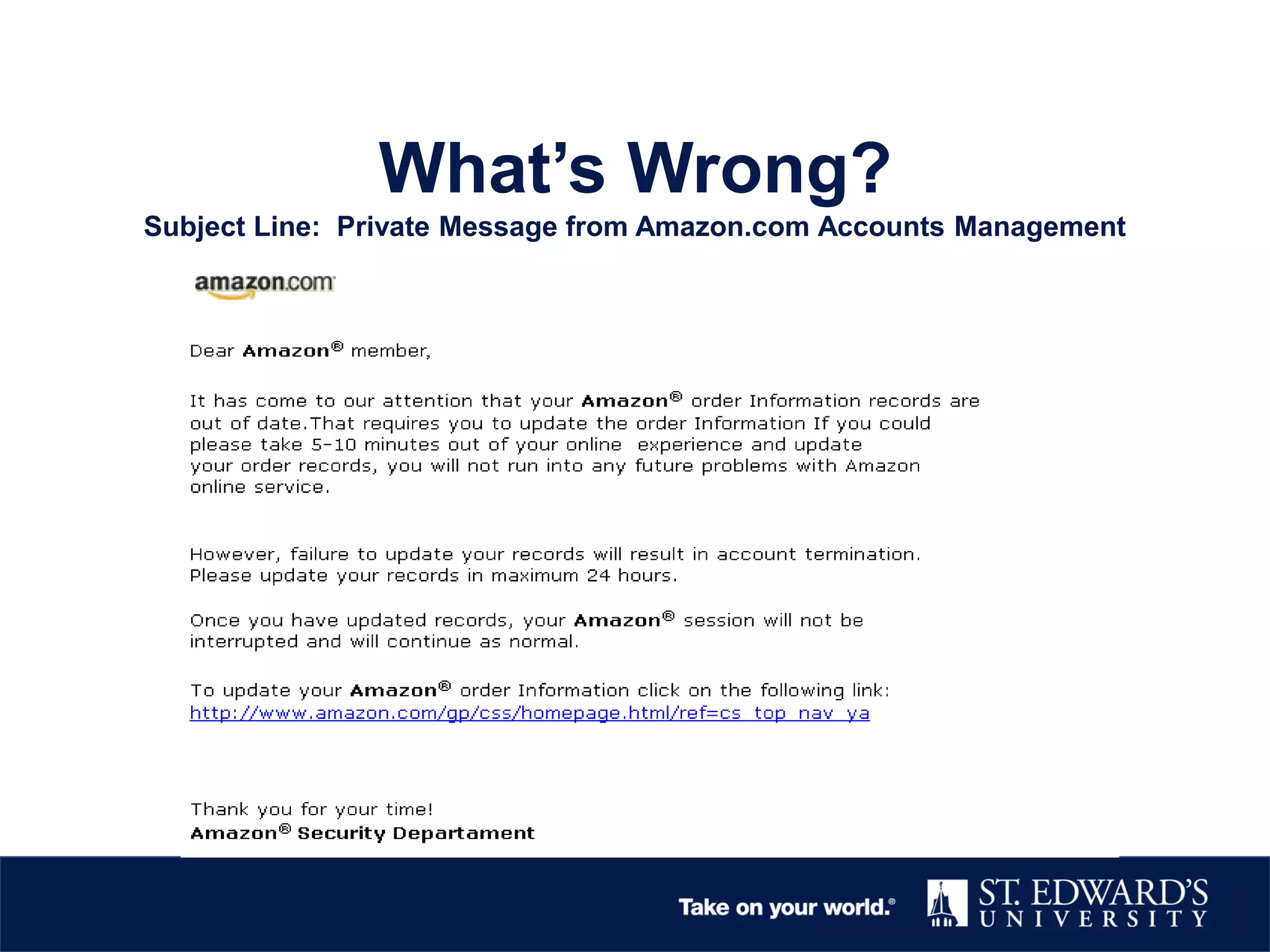 What’s Wrong?
Subject Line: Private Message from Amazon.com Accounts Management
 