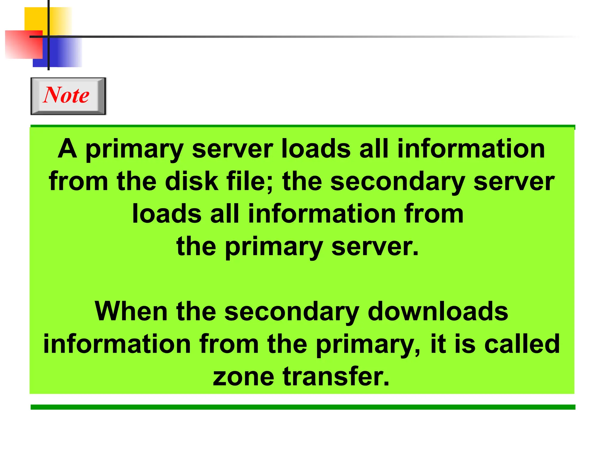 A primary server loads all information from the disk file; the secondary server loads all information from the primary server. When the secondary downloads information from the primary, it is called zone transfer. Note 