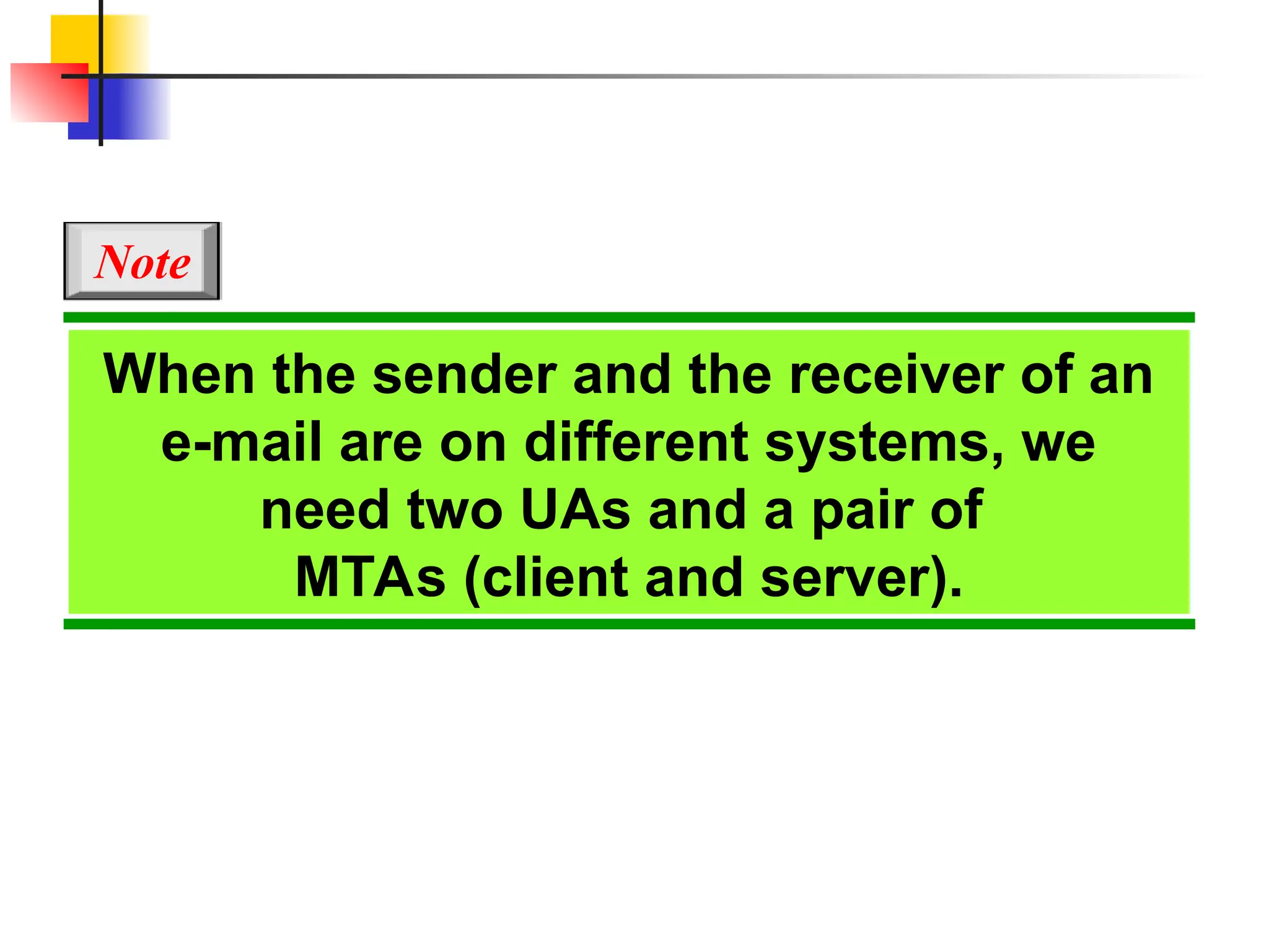 When the sender and the receiver of an e-mail are on different systems, we need two UAs and a pair of MTAs (client and server). Note 