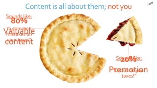 Content is all about them; not you
80%
Valuable
content
Sounds like:
“3 common
mistakes on
your taxes”
Sounds like:
“Let us do your
taxes!”
20%
Promotion
 