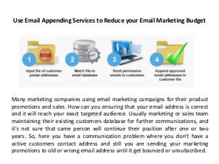 Use Email Appending Services to Reduce your Email Marketing Budget
Many marketing companies using email marketing campaigns for their product
promotions and sales. How can you ensuring that your email address is correct
and it will reach your exact targeted audience. Usually marketing or sales team
maintaining their existing customers database for further communications, and
it's not sure that same person will continue their position after one or two
years. So, here you have a communication problem where you don't have a
active customers contact address and still you are sending your marketing
promotions to old or wrong email address until it get bounced or unsubscribed.
 